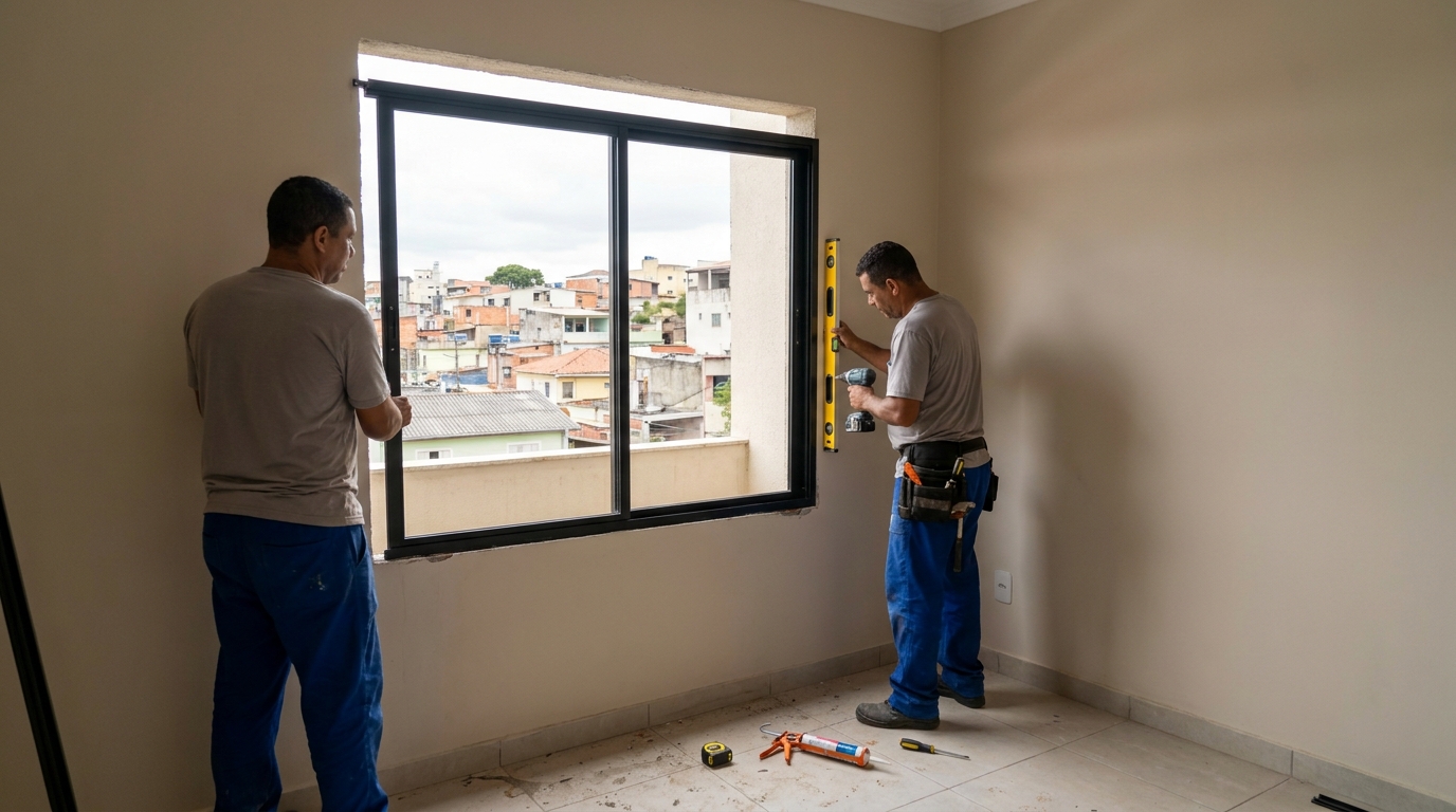 Esquadria de alumínio em quarto bege em Duque de Caxias-RJ