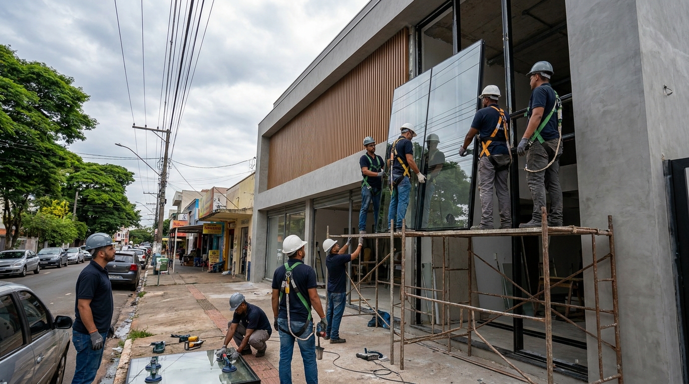 Fachada de vidro com andaime lateral em Duque de Caxias-RJ