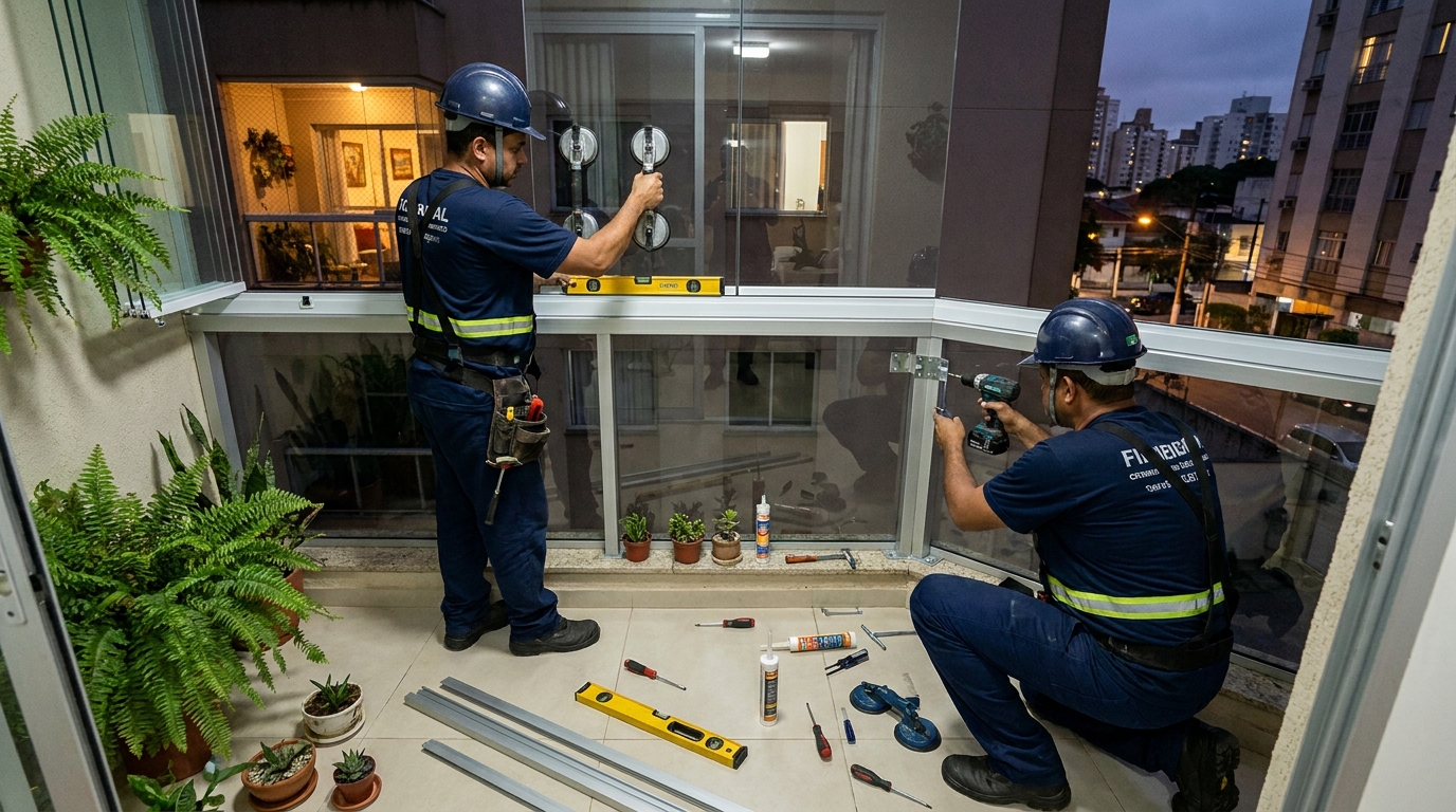Instalação noturna de parede de vidro em Duque de Caxias-RJ