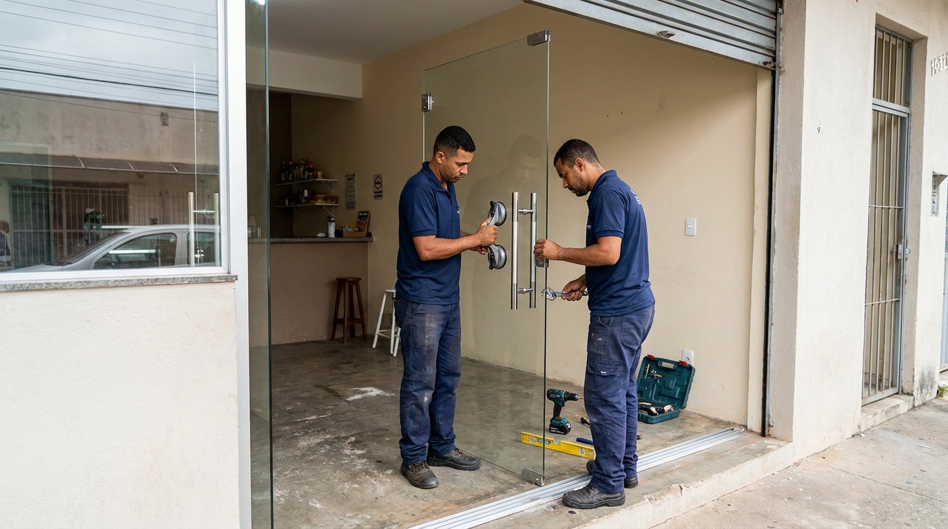 Dupla instalando porta de vidro em loja em Duque de Caxias-RJ