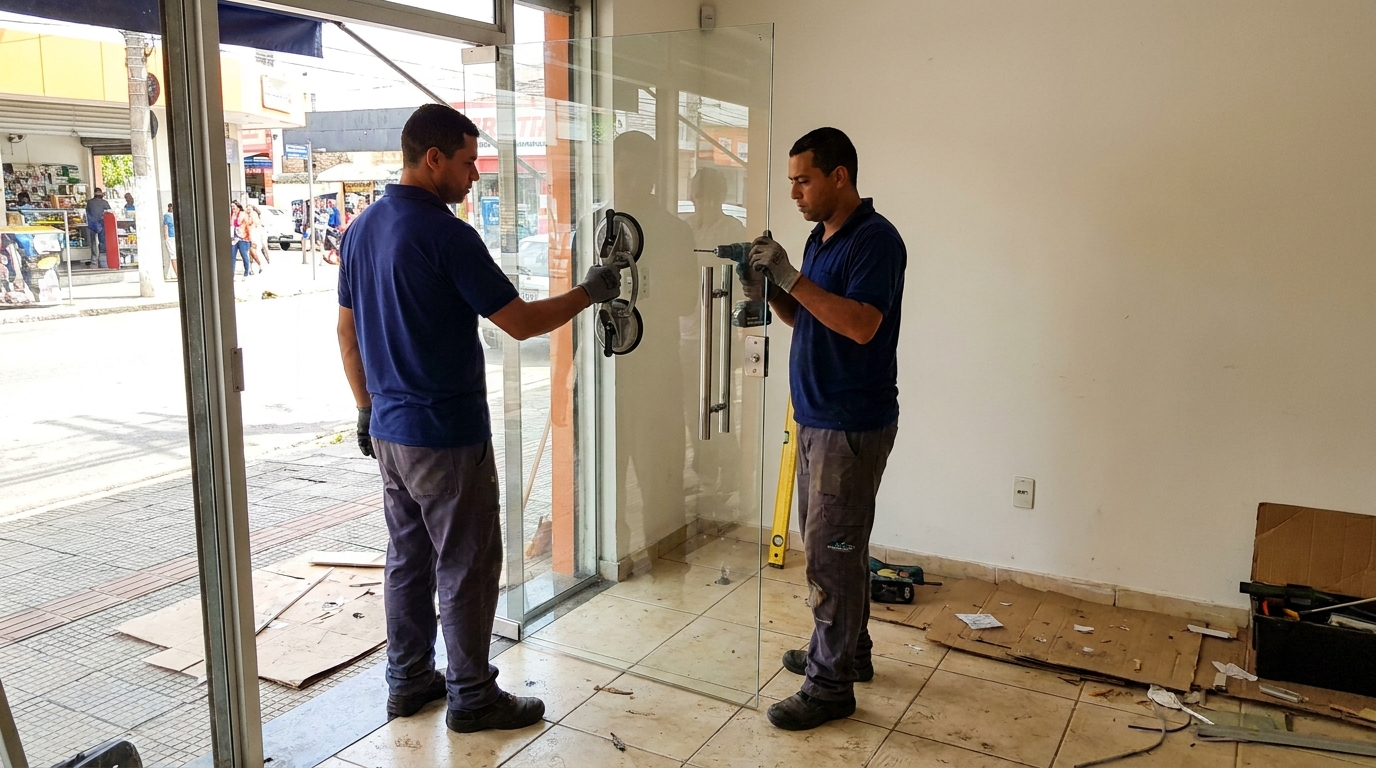 Porta de vidro de loja em rua movimentada em Duque de Caxias-RJ